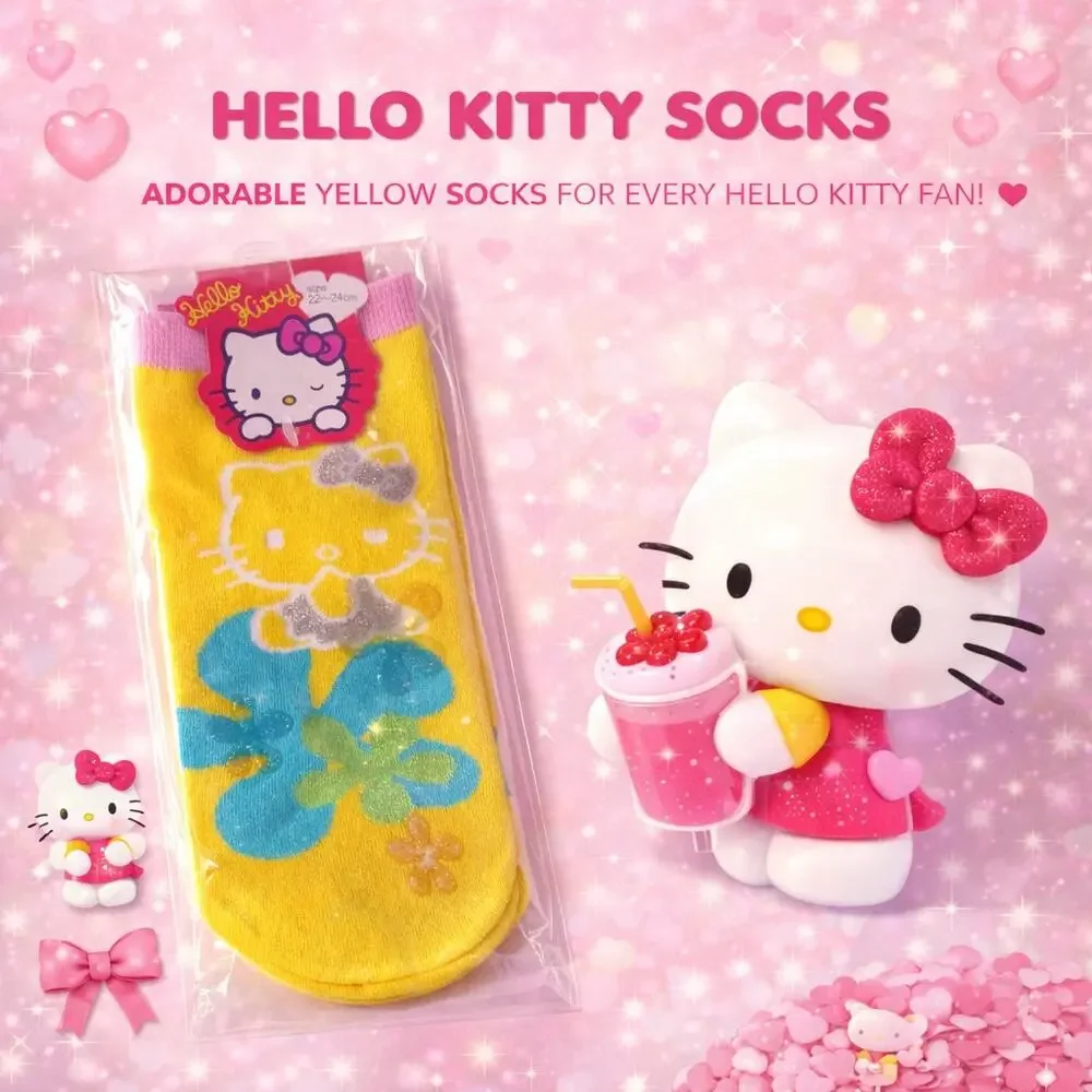 Sanrio Hello Kitty Yellow Tropical Floral Socks NEW 22-24cm